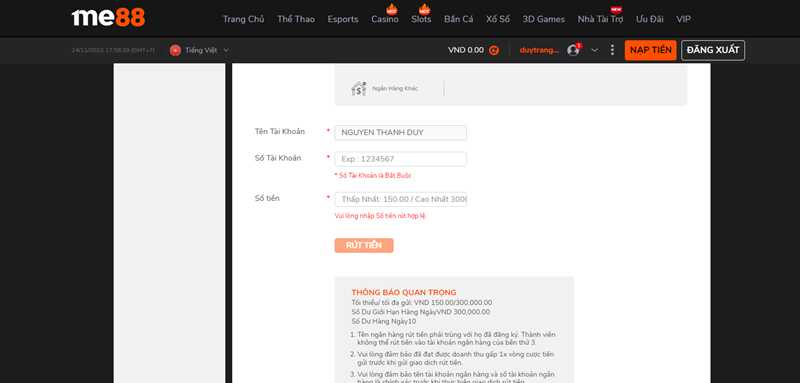 Chi tiết các bước rút tiền Me88 người mới nhất định cần phải nắm rõ
